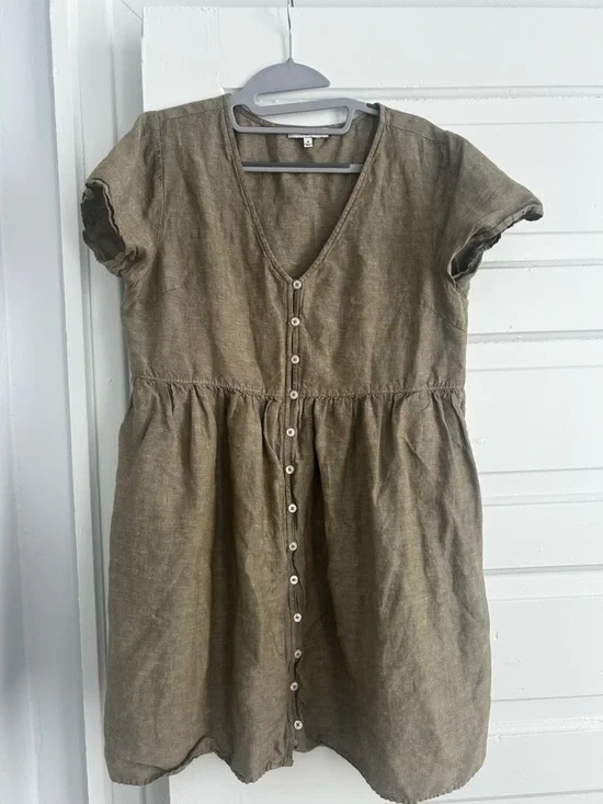 Madewell Button-Front Short Sleeve Linen Dress - Olive Brown - Picture 1 of 4